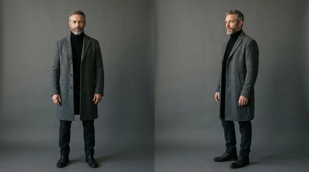 Reference sheet of a man in a charcoal overcoat, front and three-quarter views
