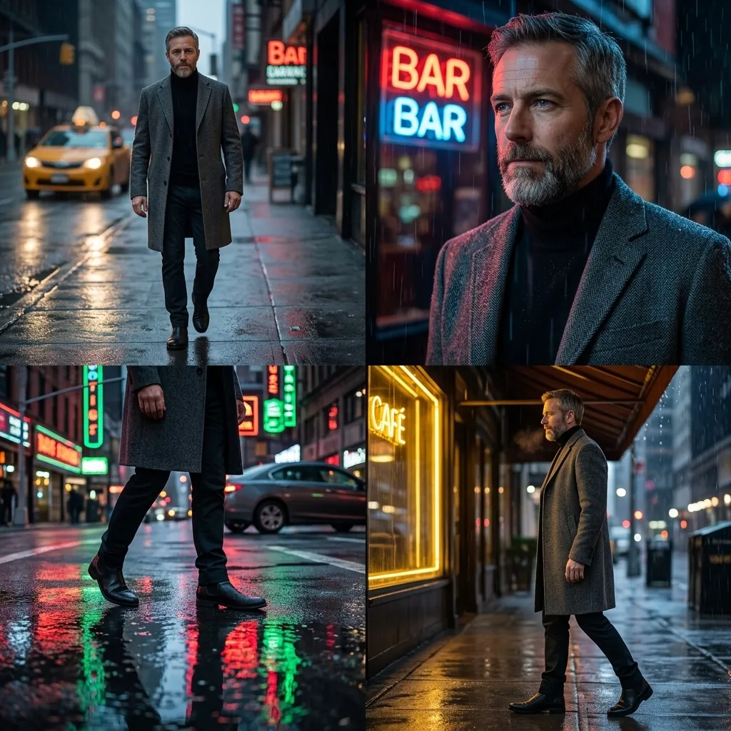 Four-panel sequence of the same man walking through a rainy neon street at night